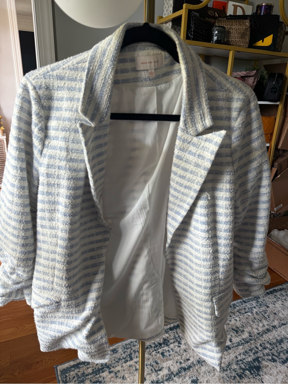 Skies Are Blue Blue & White Striped Tweed Ruched 3/4 Sleeve Blazer - Picture 2 of 5